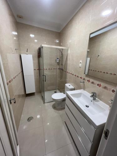 uma casa de banho com um chuveiro, um WC e um lavatório. em El Nido em Pobra do Caramiñal
