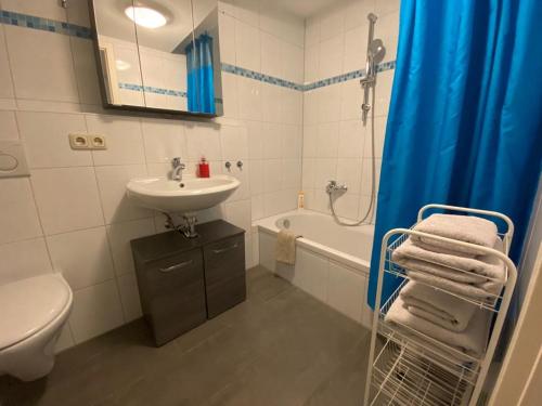 a bathroom with a sink toilet and a shower at Denkmal-Wohnung in Bamberg in Bamberg