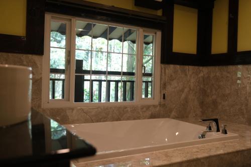 a bath tub in a bathroom with a window at 日月潭森堡萊夫莊園 in Yuchi