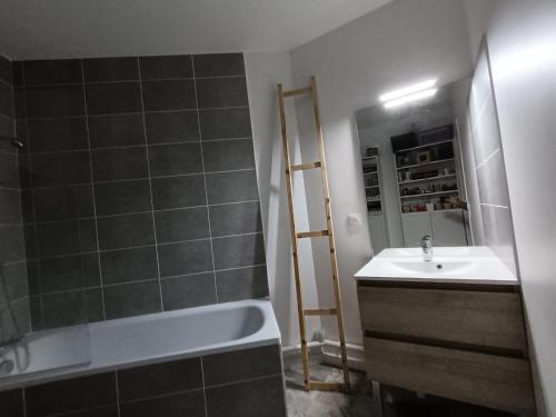 La salle de bains est pourvue d'un lavabo, d'une baignoire et d'un miroir. dans l'établissement Chambre dans un joli appartement cosy, à Bordeaux