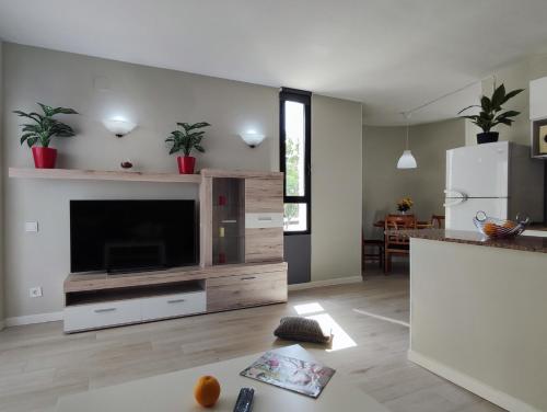 a living room with a large entertainment center with a flat screen tv at Salou Sol in Salou