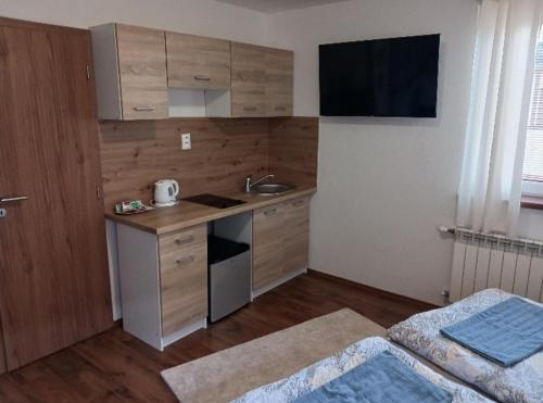 una pequeña cocina con fregadero y encimera en Apartmán KATY, en Rajecké Teplice