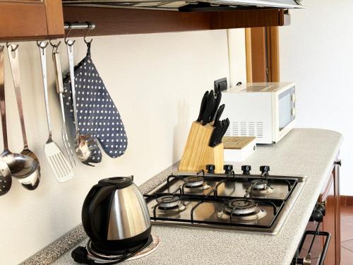a kitchen counter with a stove and a microwave at Incanto Nesso Parking and Lake View in Nesso