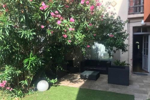 un jardín con un árbol con flores rosas en Chambre privée Toulouse proche métro et rocade, en Toulouse