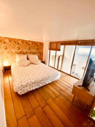 une chambre avec un lit et une télévision à écran plat dans l'établissement Cosy Cœur de Lille, à Lille