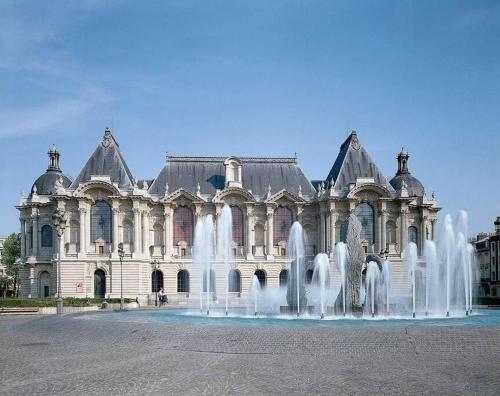 a water fountain in front of a large building at Cosy Cœur de Lille in Lille