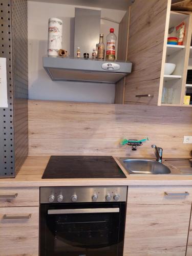 a kitchen with a stove and a sink at Hufschmieds Bleibe in Passau