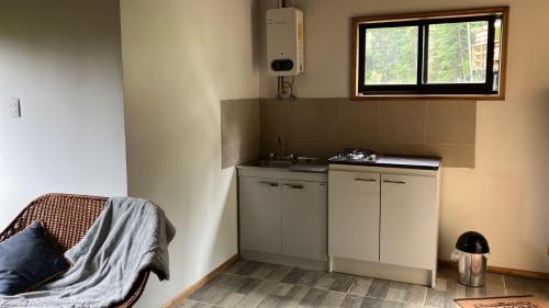 een kleine keuken met een wastafel en een aanrecht bij Cay Cay lodge in Valdivia