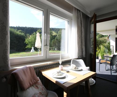 una stanza con tavolo e ampia finestra di Haus Anna-Marie a Feldberg