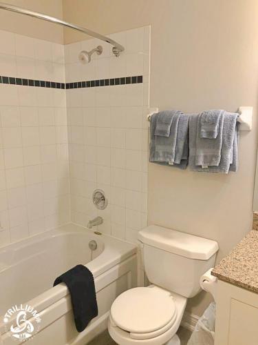 a bathroom with a white toilet and a bath tub at Blue Mountain, Collingwood - Loft Condo, sleeps 4 in Blue Mountains