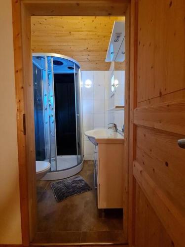 a bathroom with a shower and a toilet and a sink at PAAL 162 - Tolle Aussicht, 2 Terasssen, Großes Grundstück in Stadl an der Mur