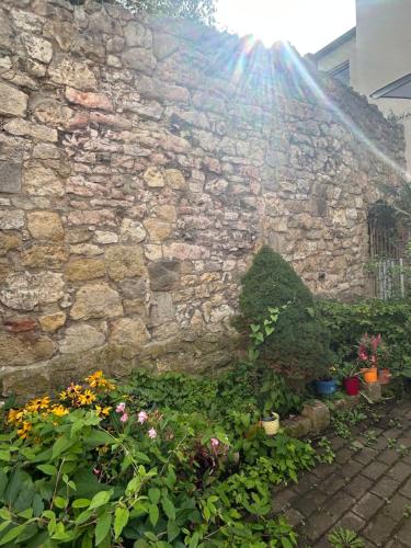 a stone wall with a bunch of flowers at Cozy Urban Escape in Hannover