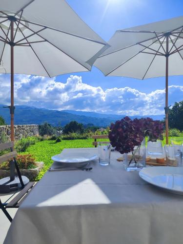 a table with white plates and umbrellas with a view at Casa do Crasto in Soajo