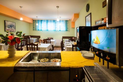 a kitchen with a sink with a tv in it at Penzion Kovac in Radovljica
