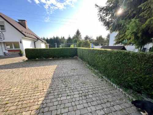 a brick walkway with a hedge in front of a house at Domki nad Stawem Uherce in Uherce Mineralne (7)