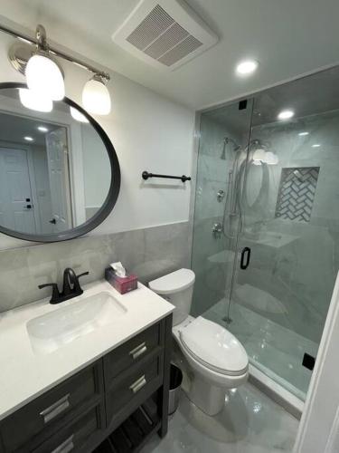 a bathroom with a shower and a toilet and a sink at Cozy basement studio unit in Oakville