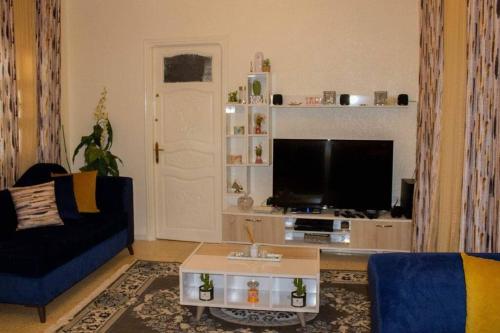a living room with a couch and a tv at Superbe appartement en plein médina de Tunis in Tunis