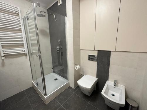 een badkamer met een douche, een toilet en een wastafel bij Apartament Szarlotka in Łódź
