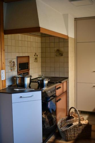 a kitchen with two pots on top of a stove at Ferienhaus auf dem Lamahof in Stalden