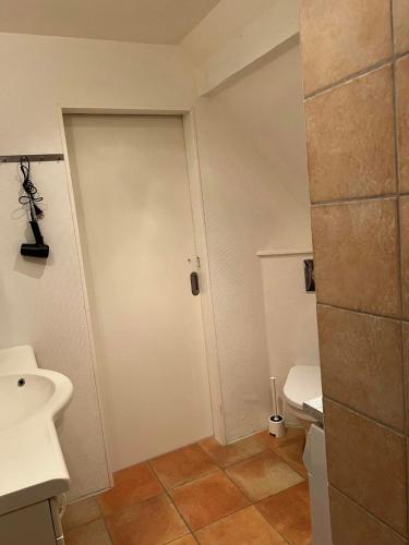 a bathroom with a sink and a toilet at Skovridergaardens Ferielejligheder in Aabenraa