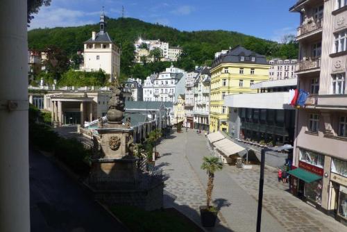 a city street with a statue in the middle at Apartmany u tri jehnatek in Karlovy Vary