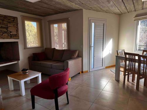 uma sala de estar com um sofá e uma mesa em Hermoso departamento a estrenar em San Carlos de Bariloche