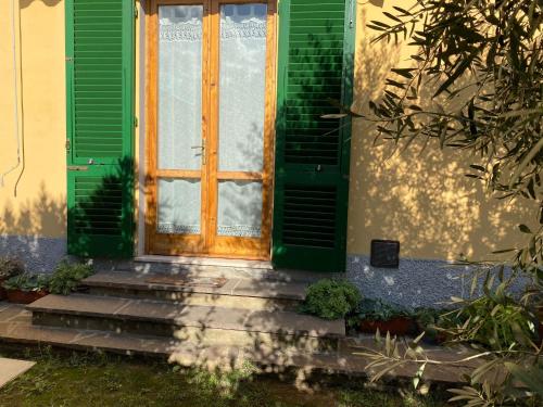 une porte avec volets verts sur une maison avec des escaliers dans l'établissement Le Siepi, à Reggello