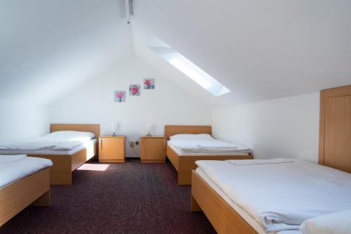 een kamer met drie bedden in een kamer bij Penzion Hájenka 