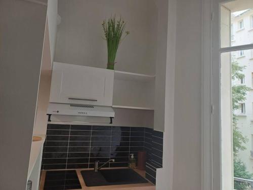 Il comprend une cuisine avec un évier et du carrelage noir au sol. dans l'établissement Au pied du Trocadéro, à Paris