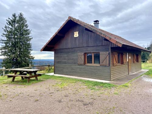 a small cabin with a picnic table in front of it at Le P'tit Rupt Refuge cocooning in Rupt-sur-Moselle