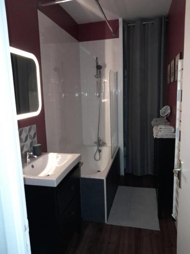 uma casa de banho com um lavatório branco e um chuveiro em Le P'tit Croissant em Bayeux