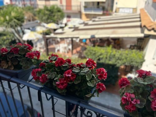 a balcony with red flowers on a balcony at TorrediGaffe Home, una casa nella piazzetta del borgo a due passi dal mare in Torre di Gaffe