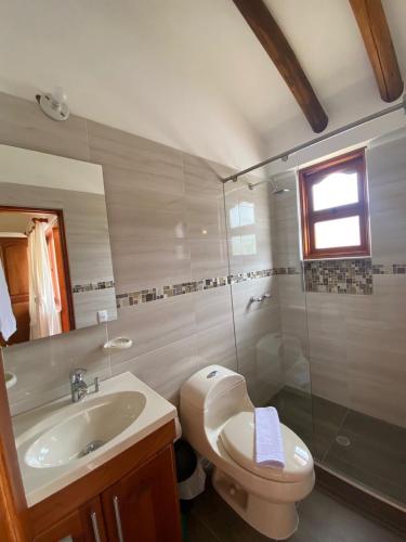 a bathroom with a toilet and a sink and a shower at Hotel las Palmas in Villa de Leyva