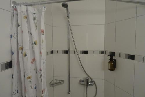 y baño con ducha y cortina de ducha. en Aare Studio 1 en Interlaken