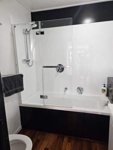 a bathroom with a glass shower with a toilet at Marg's on the Corner in Kumara