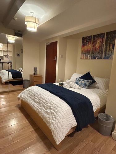 a bedroom with a large bed with a blue blanket at Cozy studio in London