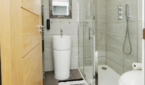 a bathroom with a toilet and a shower at Modern Glasgow City Centre Apartment in Glasgow