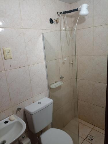 a bathroom with a shower and a toilet and a sink at RESIDENCIAL LOS AMIGOS in Puerto Iguazú