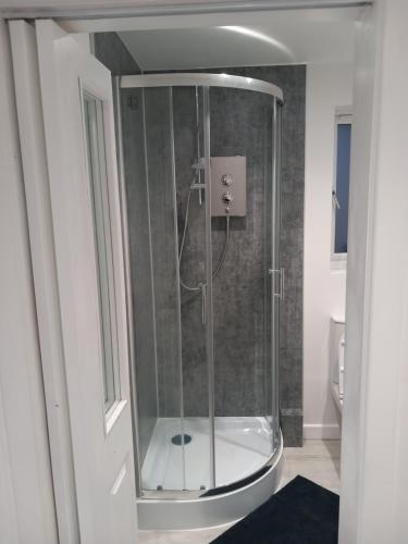 a shower with a glass door in a bathroom at Riverside Annex at Ashbank in Penrith