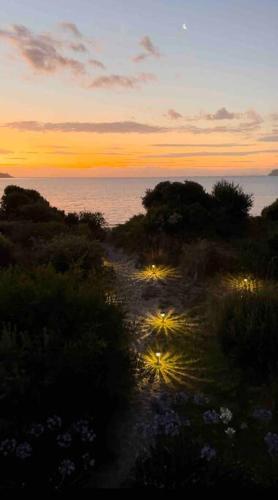 a sunset over the water with lights in a field at Beachfront House - Hot Tub, Ocean Views, Private Beach Pathway in White Beach