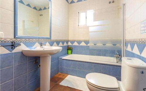 baño azul y blanco con aseo y lavamanos en cortijo Maria Gomez, en Málaga