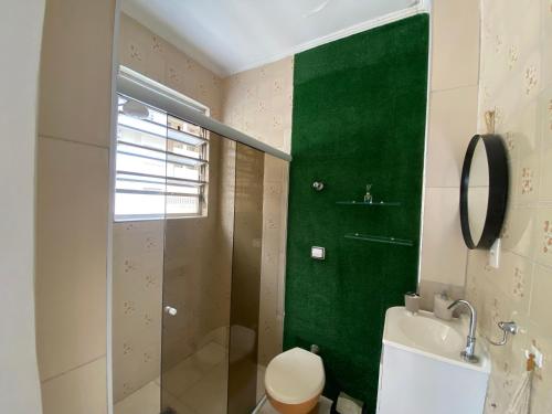a green bathroom with a toilet and a shower at Apto Santos Gonzaga in Santos