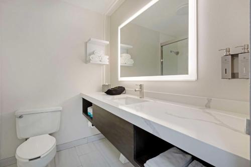 a bathroom with a sink and a toilet and a mirror at The Lux Hotel & Conference Center, Ascend Hotel Collection in Waterloo