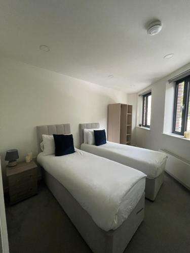 a bedroom with two beds and two windows at Large Suite - Bedford City Centre in Bedford