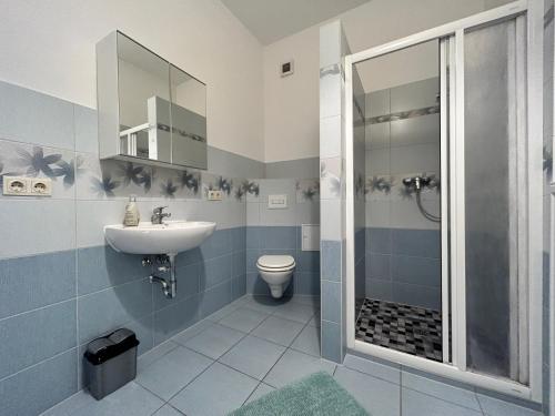 La salle de bains est pourvue d'un lavabo, de toilettes et d'une douche. dans l'établissement FeWos Anno 1529 in Top-Altstadtlage von Zittau, à Zittau