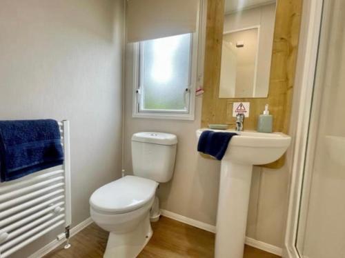 a bathroom with a toilet and a sink and a window at Talland view. Polperro in Looe