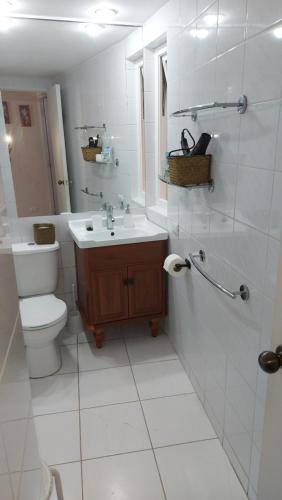 a white bathroom with a toilet and a sink at Bahia Pelícanos Horcón depto. en primera línea in Puchuncaví