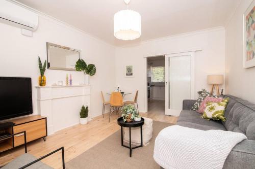 a living room with a couch and a tv at Cranbrook Courtyard - A Sunny City-fringe Retreat in Adelaide