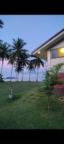 a yard with palm trees and a building at Baan Be Beach in Lang Suan
