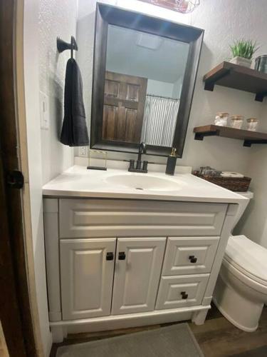 a bathroom with a white sink and a mirror at Charming 3 Bedroom home with chimney & RV parking in East Wenatchee